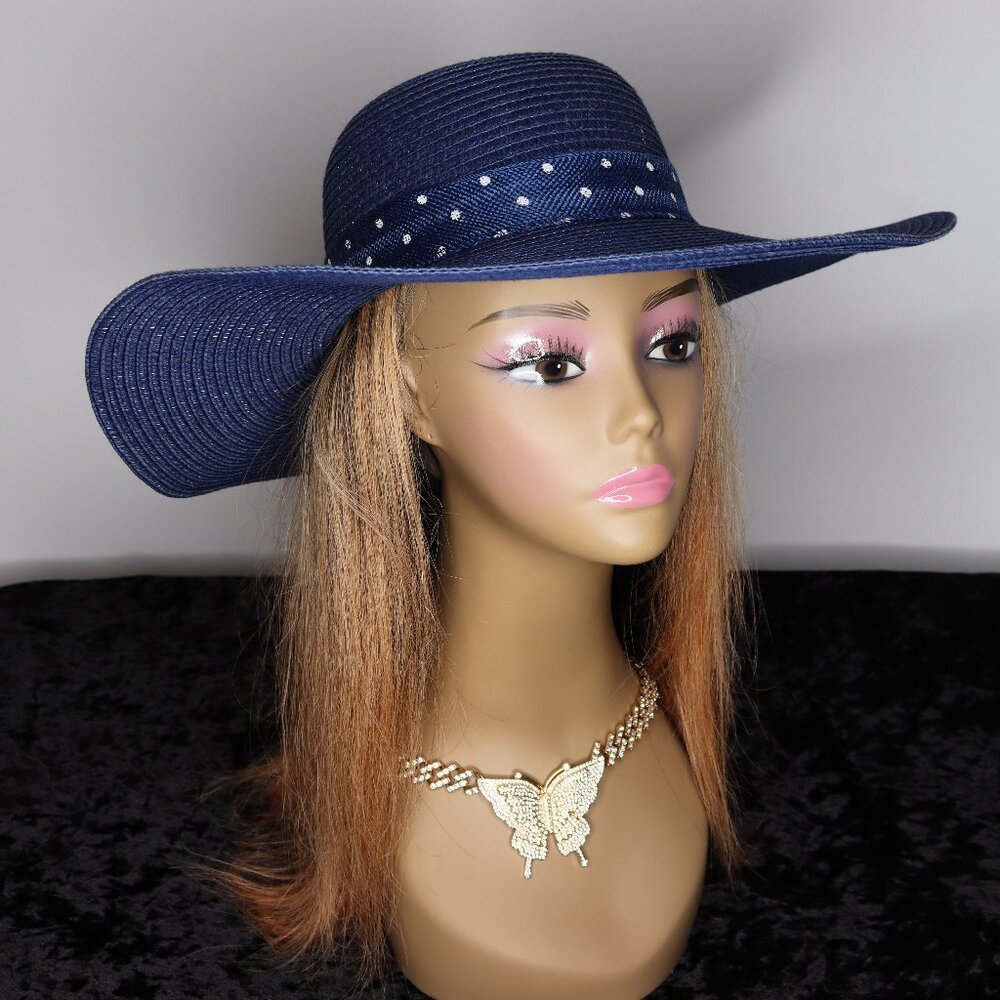 Women's Navy Blue Medium Brim Straw Sun Hat with Rhinestone Crown